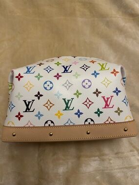 Louis Vuitton White Multicolor Monogram Cosmetic Pouch with Natural Leather Trim